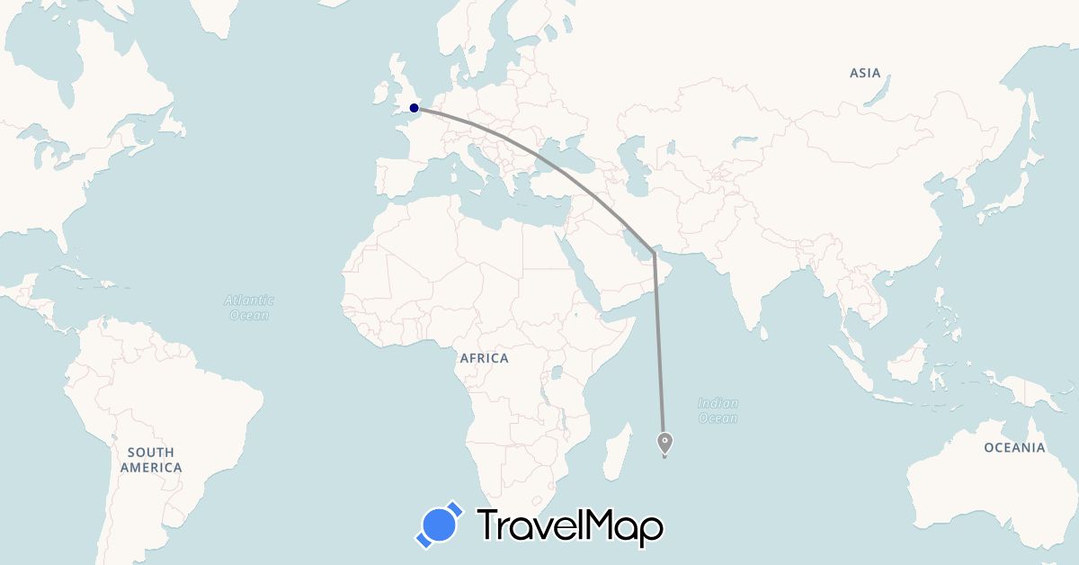 TravelMap itinerary: driving, plane in United Kingdom, Mauritius (Africa, Europe)